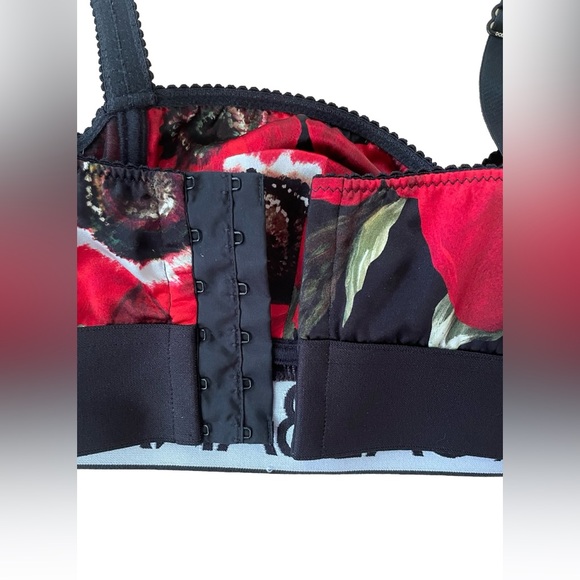 DOLCE&GABBANA Red Black Floral Silk Logo Band Balconette Bustier Push Up Bra 2B - Picture 4 of 6